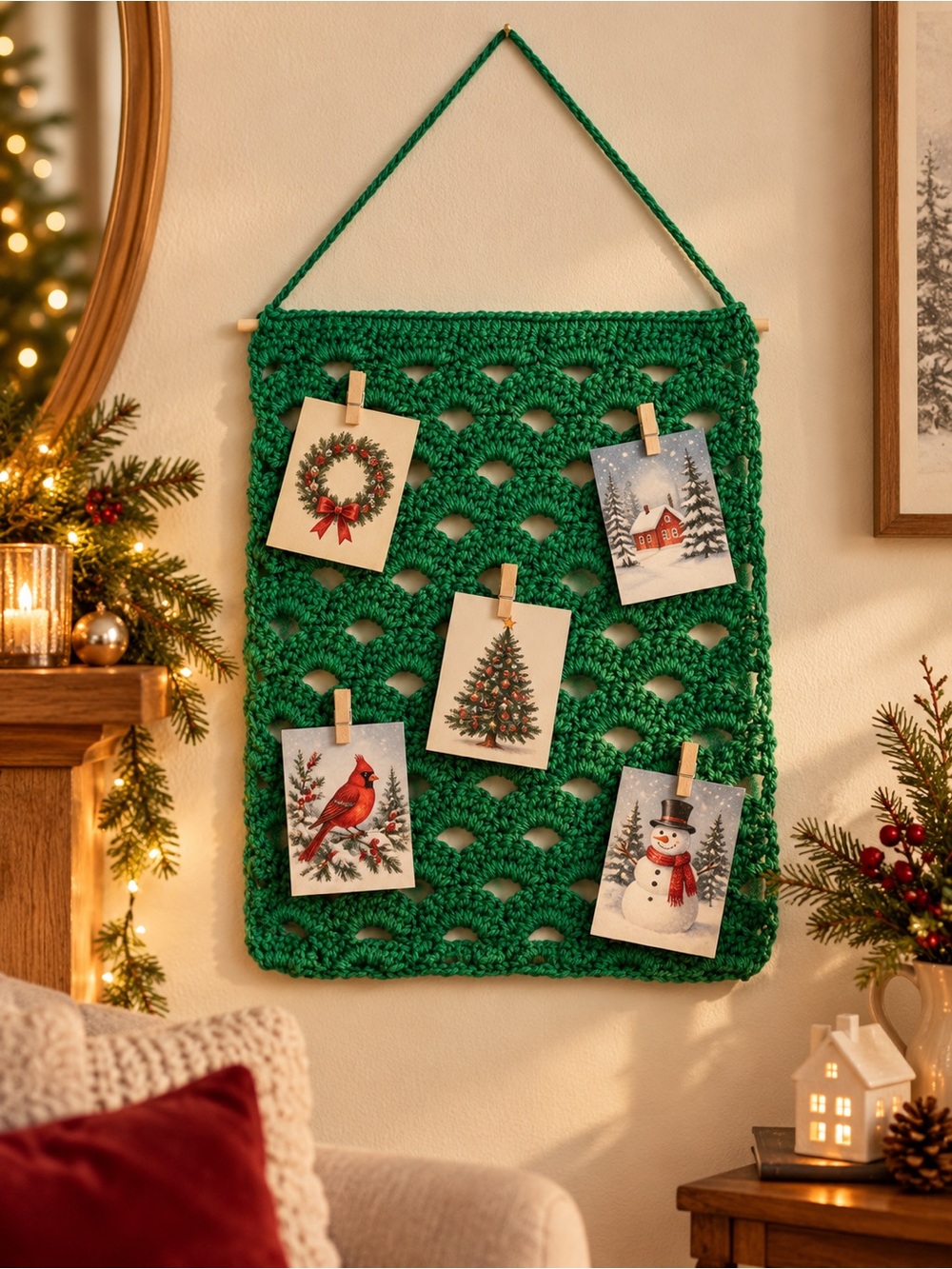 Handmade Green Crochet Wall Hanging | Card & Accessory Organizer